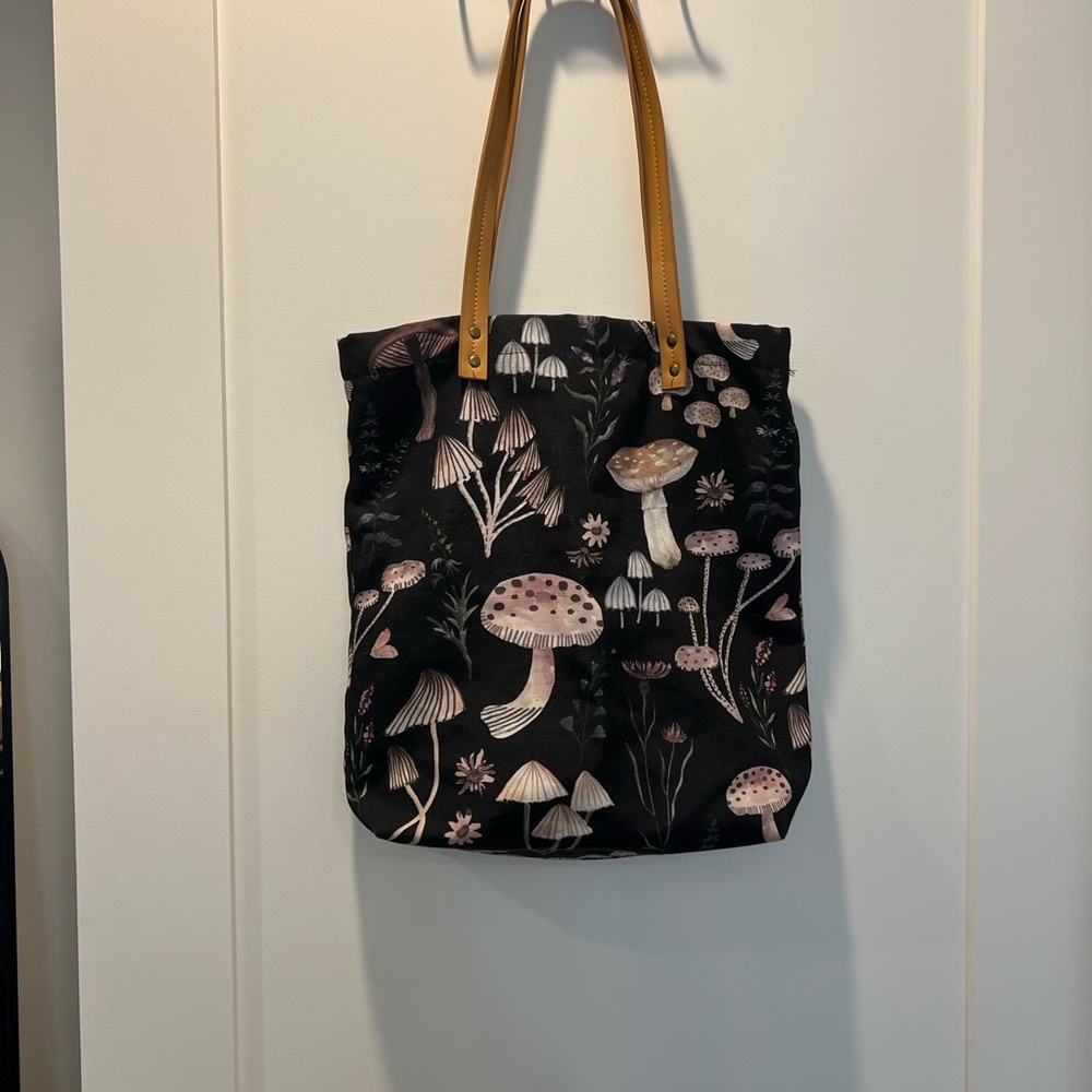 Floral Black Tote Bag with Tan Handles